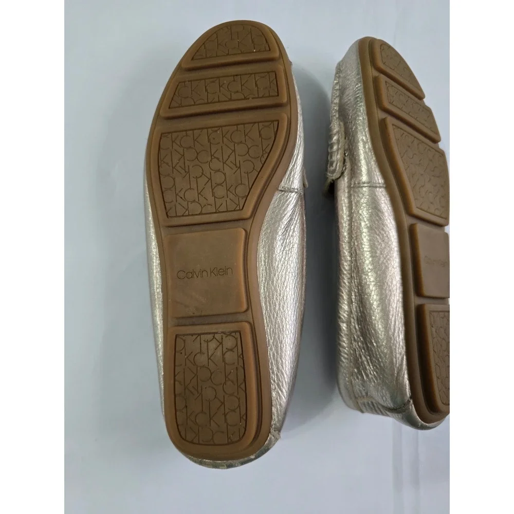 Calvin Klein Leta Metallic Gold Leather Loafers Driving Mocs Logo Hardware 8.5